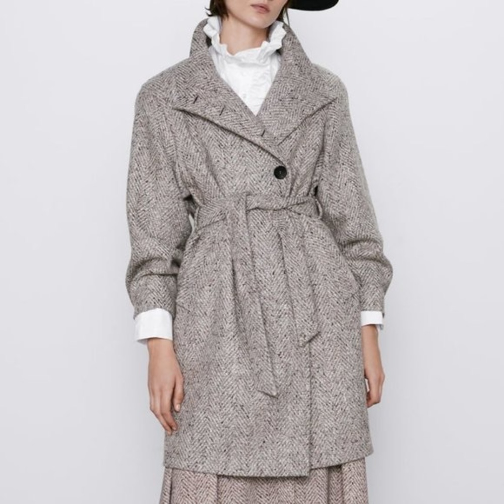 Zara wool blend high collar belted coat